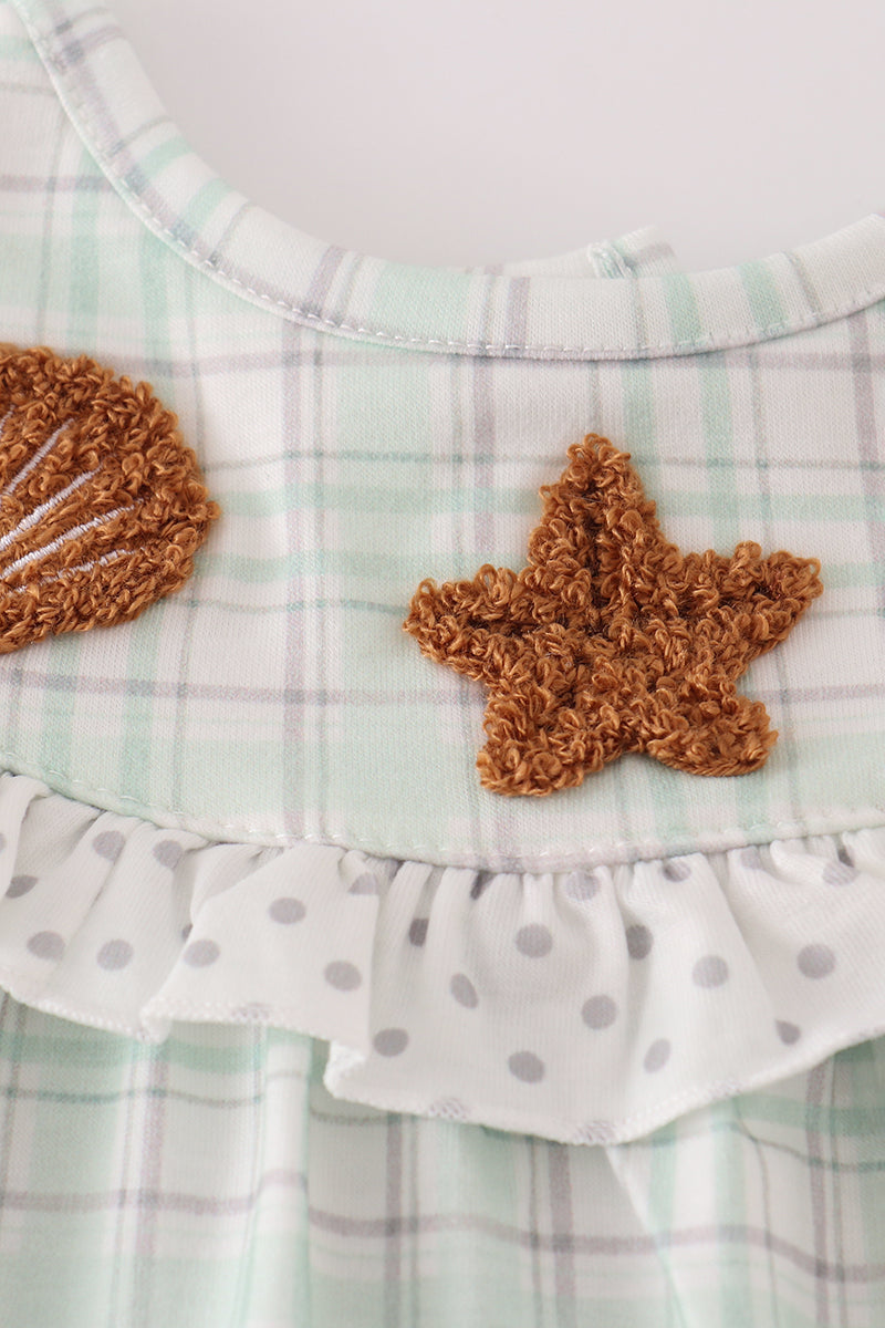 Green plaid sea shell starfish french knot ruffle bloomer set