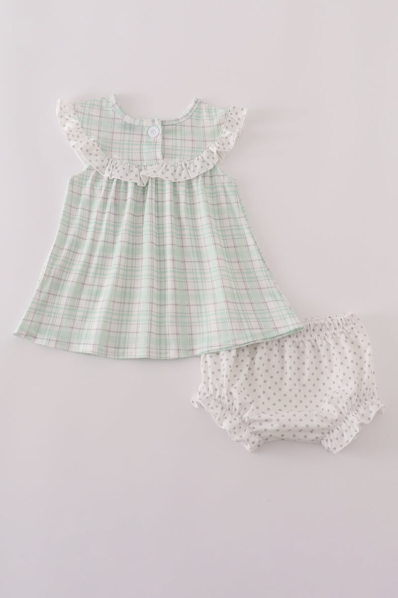 Green plaid sea shell starfish french knot ruffle bloomer set