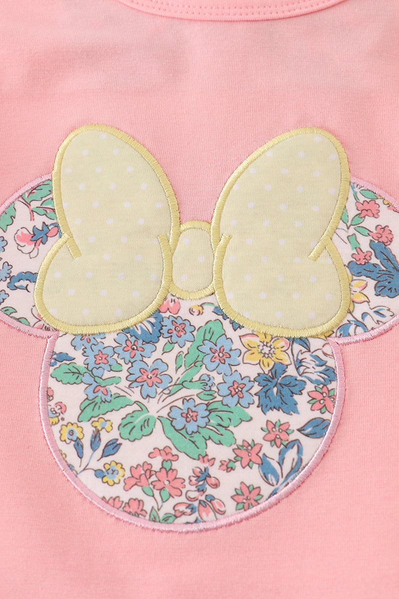 Pink floral character applique shorts set