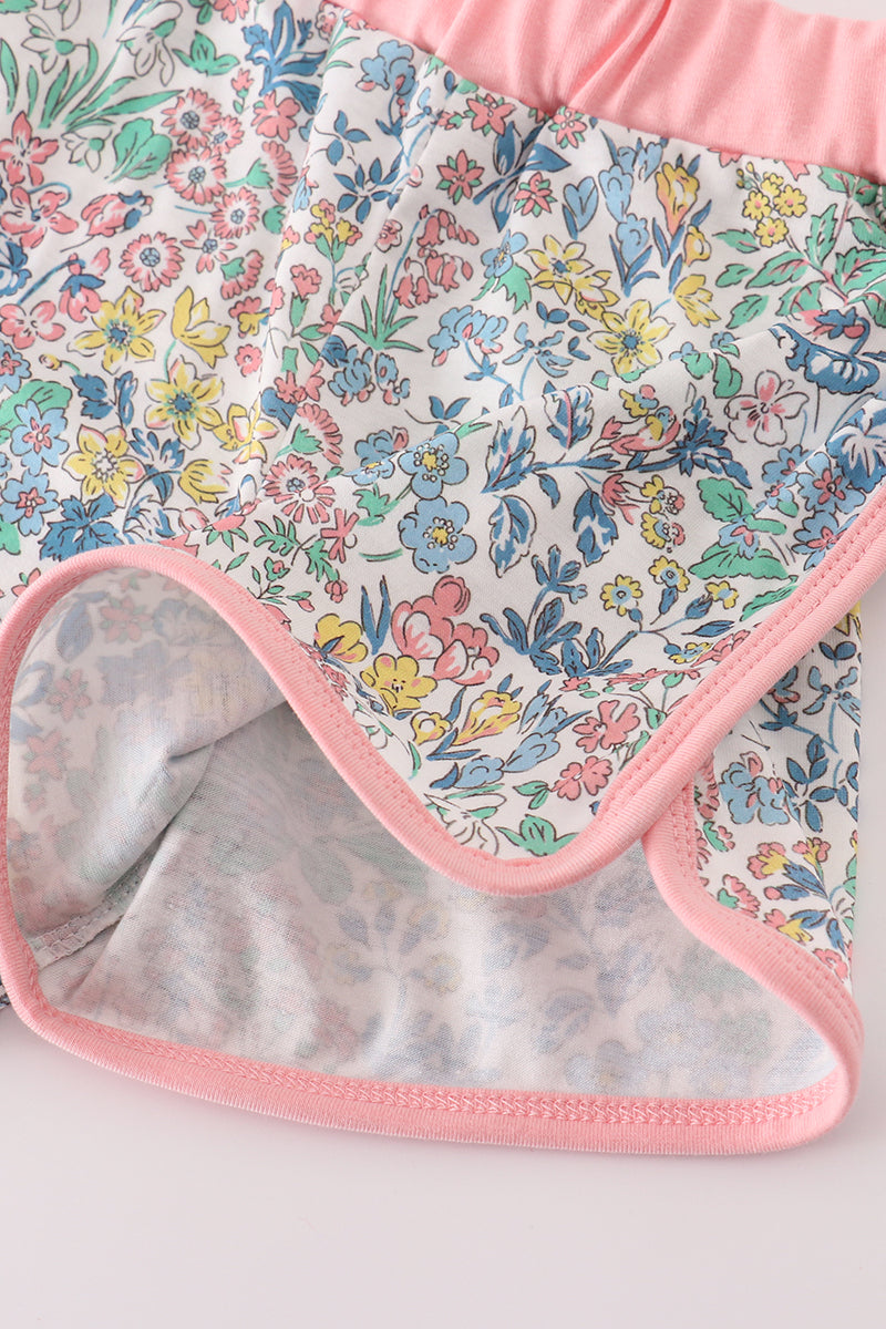 Pink floral character applique shorts set