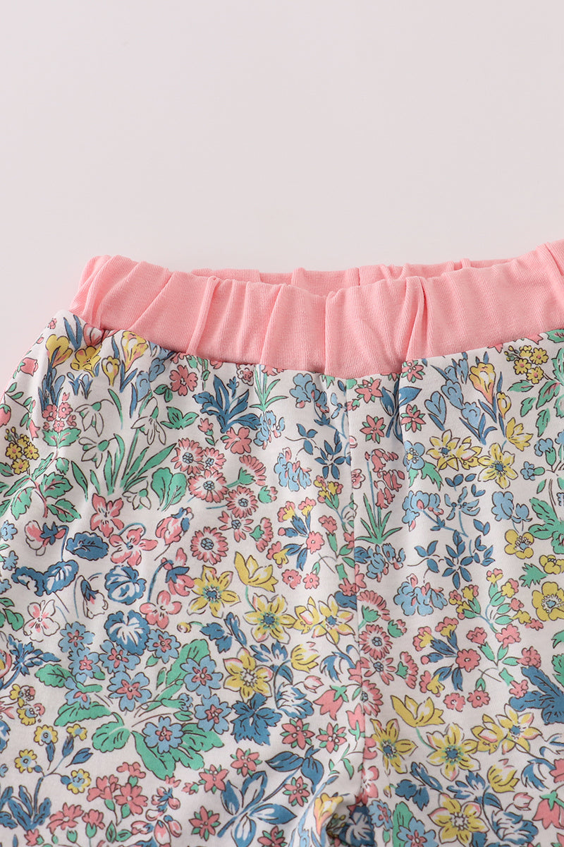 Pink floral character applique shorts set