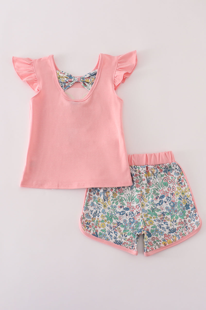 Pink floral character applique shorts set