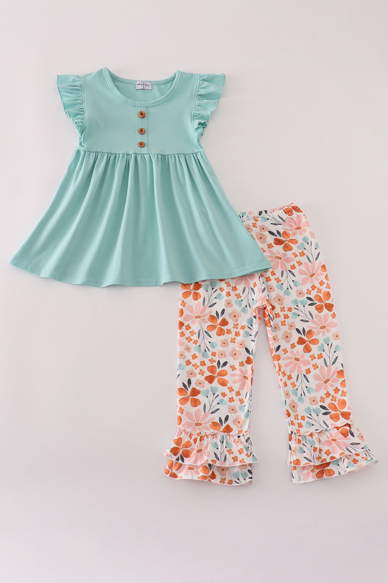 Sage floral ruffle pants set