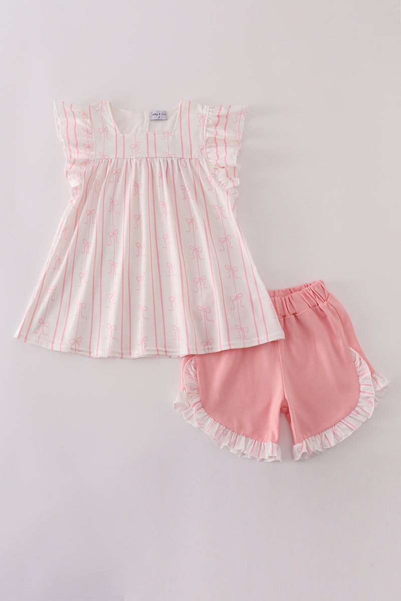 Pink stripe bow print ruffle shorts set