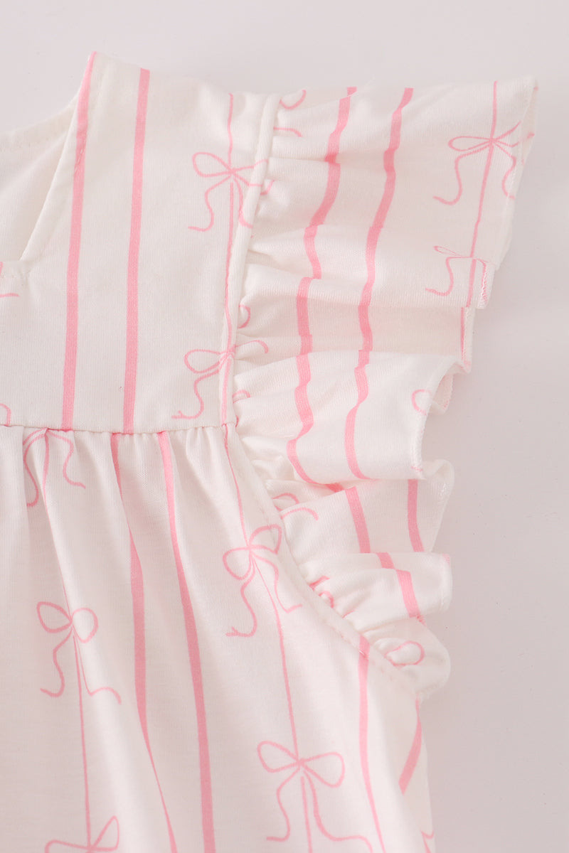 Pink stripe bow print ruffle shorts set