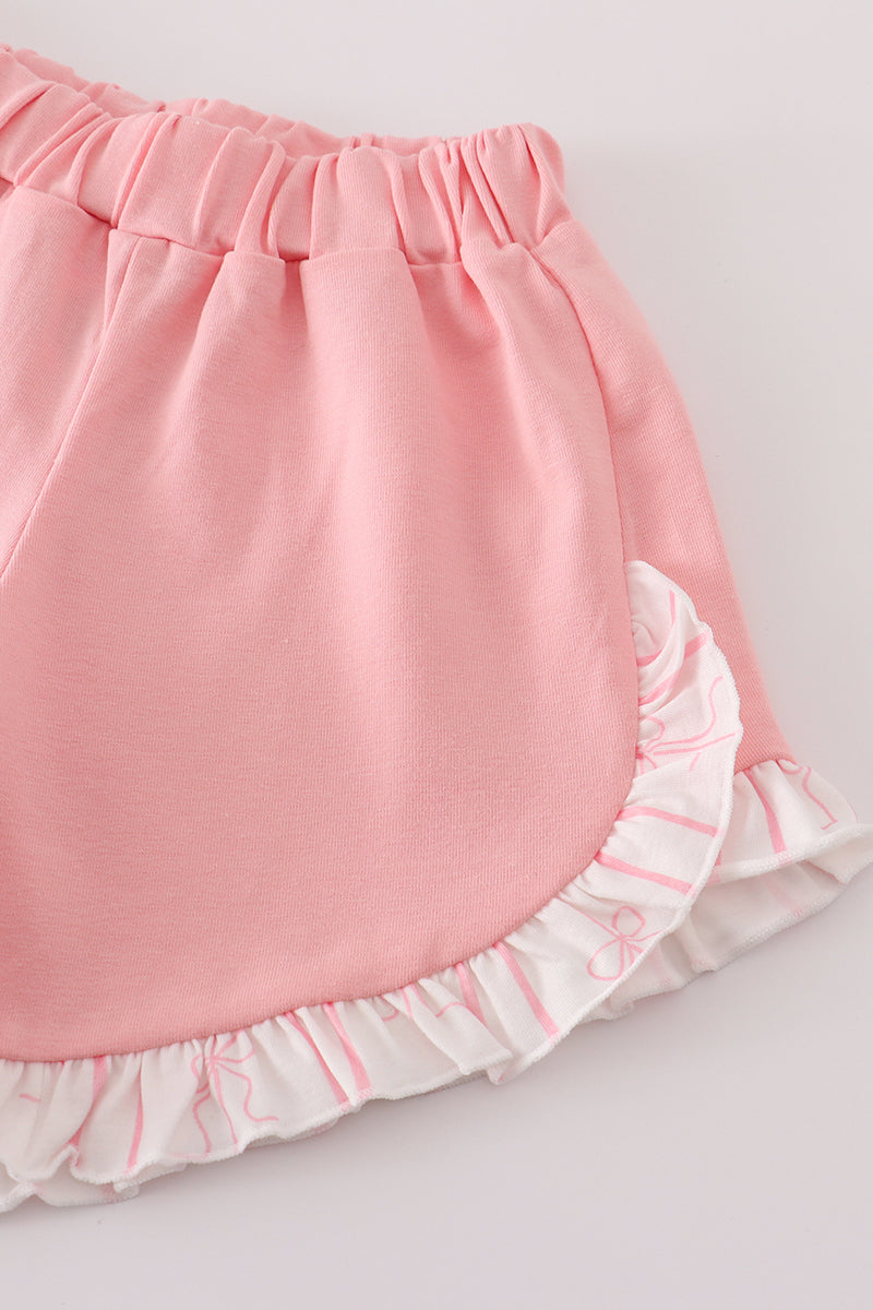Pink stripe bow print ruffle shorts set