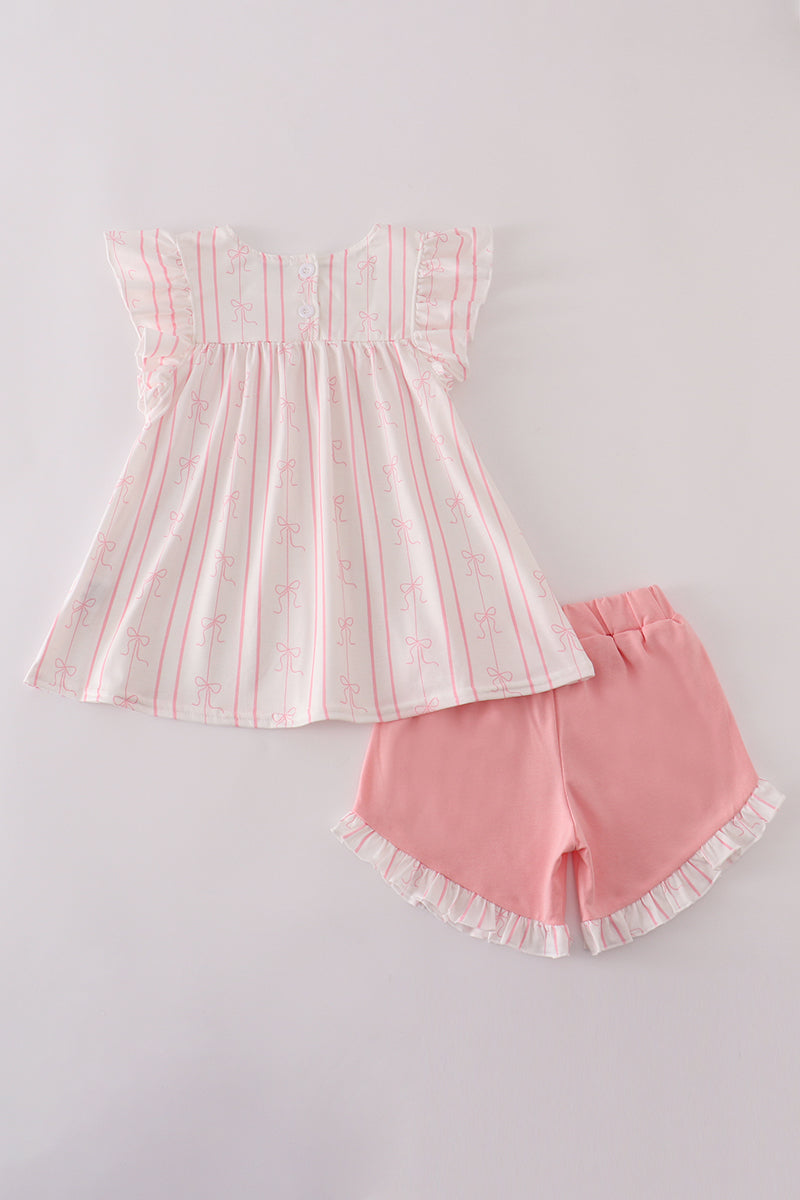 Pink stripe bow print ruffle shorts set