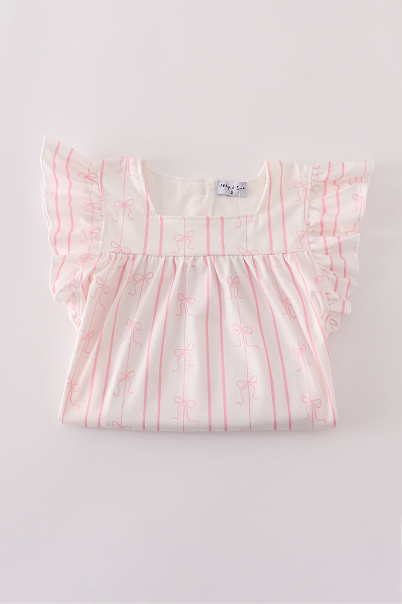 Pink stripe bow print ruffle shorts set
