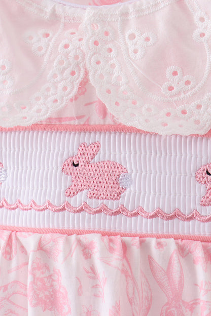Pink bunny smocked lace collar bow bloomer set