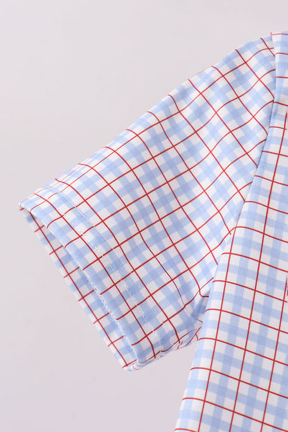 Blue Apple Embroidered Plaid Shorts Set