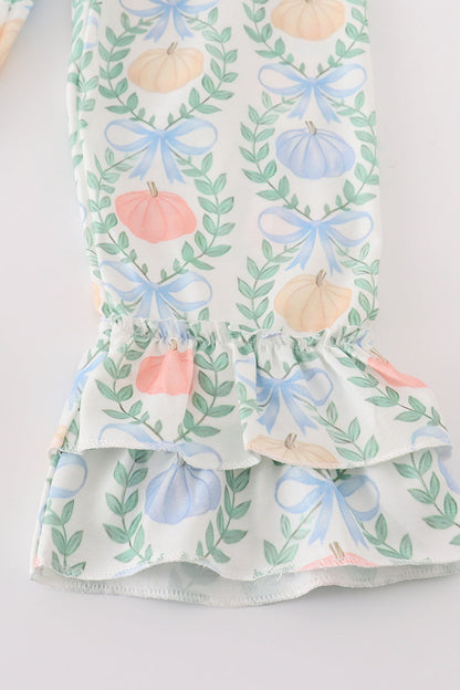 Blue pumpkin embroidery girl ruffle pants set