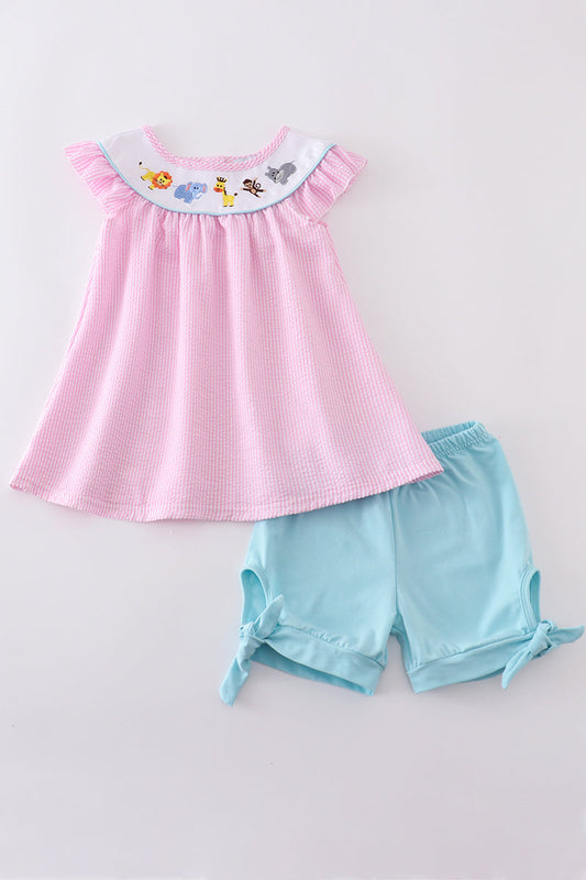 Pink seersucker animal embroidery set