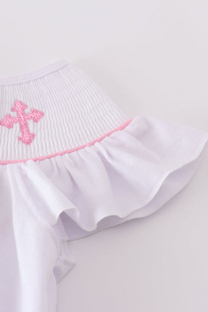 Pink cross embroider smocked dress