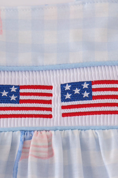 Blue flag embroidery smocked gingham bloomer set
