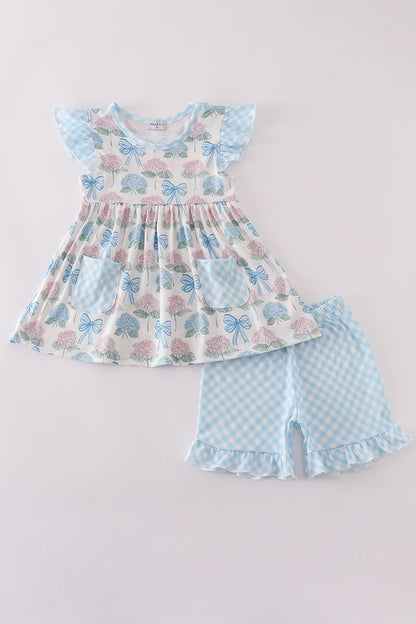 Blue hydrangea bow print ruffle shorts set