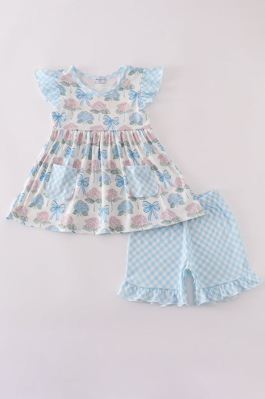 Blue hydrangea bow print ruffle shorts set