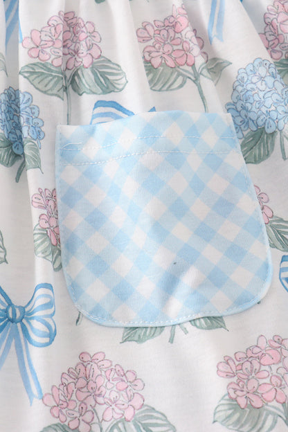 Blue hydrangea bow print ruffle shorts set