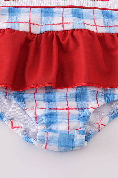 Flag embroidery smocked plaid one-piece swimsuit UPF50+