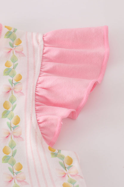 Pink lemon print bow ruffle shorts set