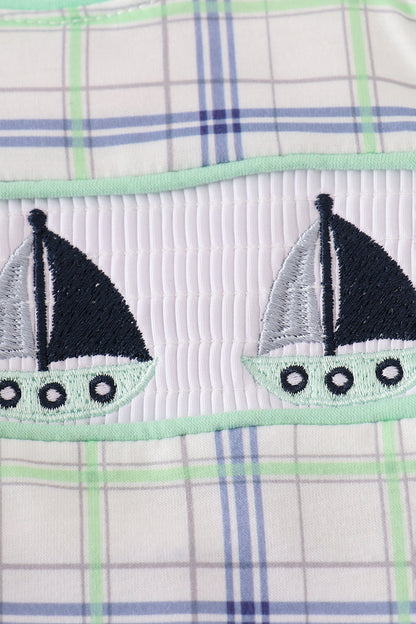 Green seersucker sailboat embroidery smocked bubble