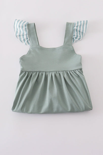 Sage stripe flutter trim ruffle dress