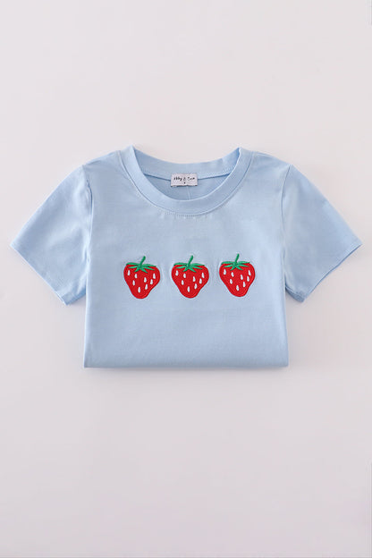 Blue strawberry embroidery boy top