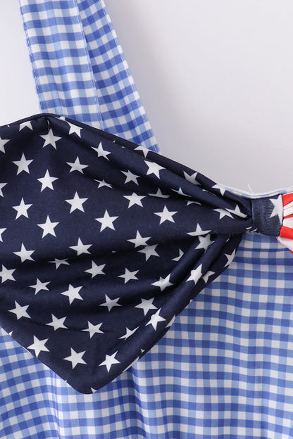 Blue flag bow gingham mom dress