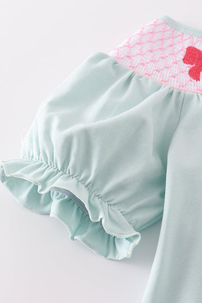 Blue bow pearl smocked bubble