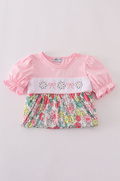 Pink floral embroidery dress