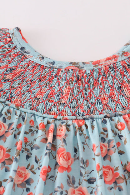Blue floral smocked bloomer set