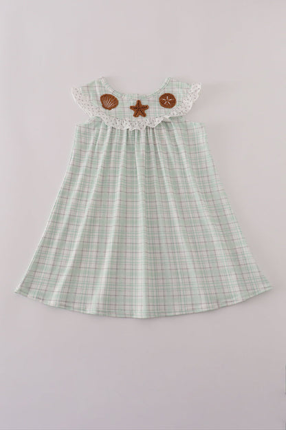 Green plaid sea shell starfish french knot ruffle dress