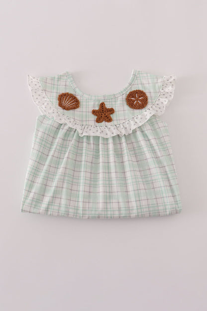 Green plaid sea shell starfish french knot ruffle dress