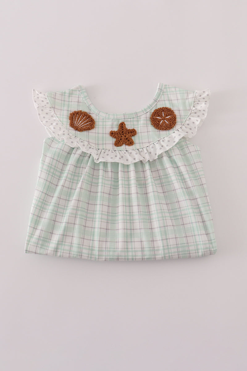 Green plaid sea shell starfish french knot ruffle shorts est
