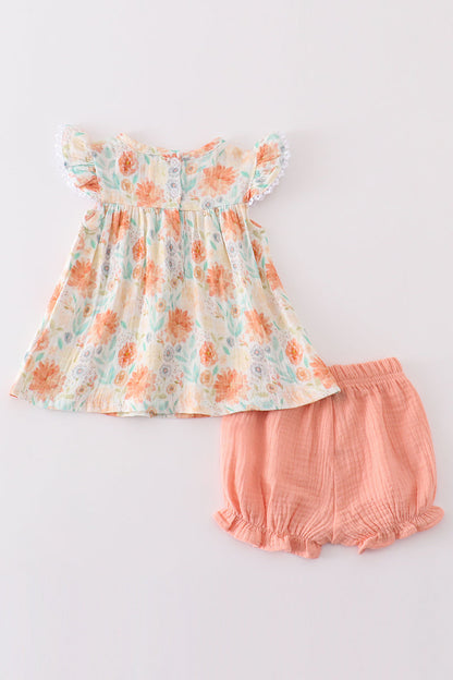 Premium Floral leaves muslin ruffle baby set