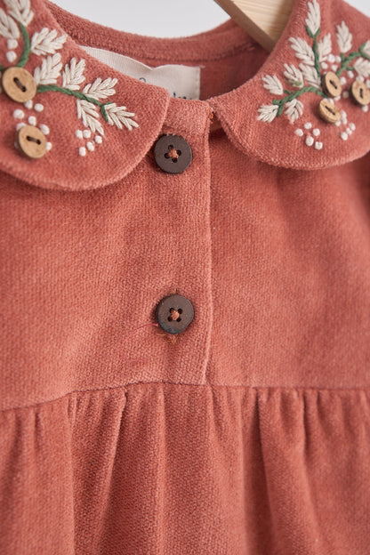 Rust floral embroidery velveteen girl romper