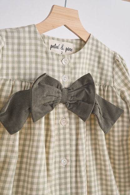 Green gingham flannel bow dress