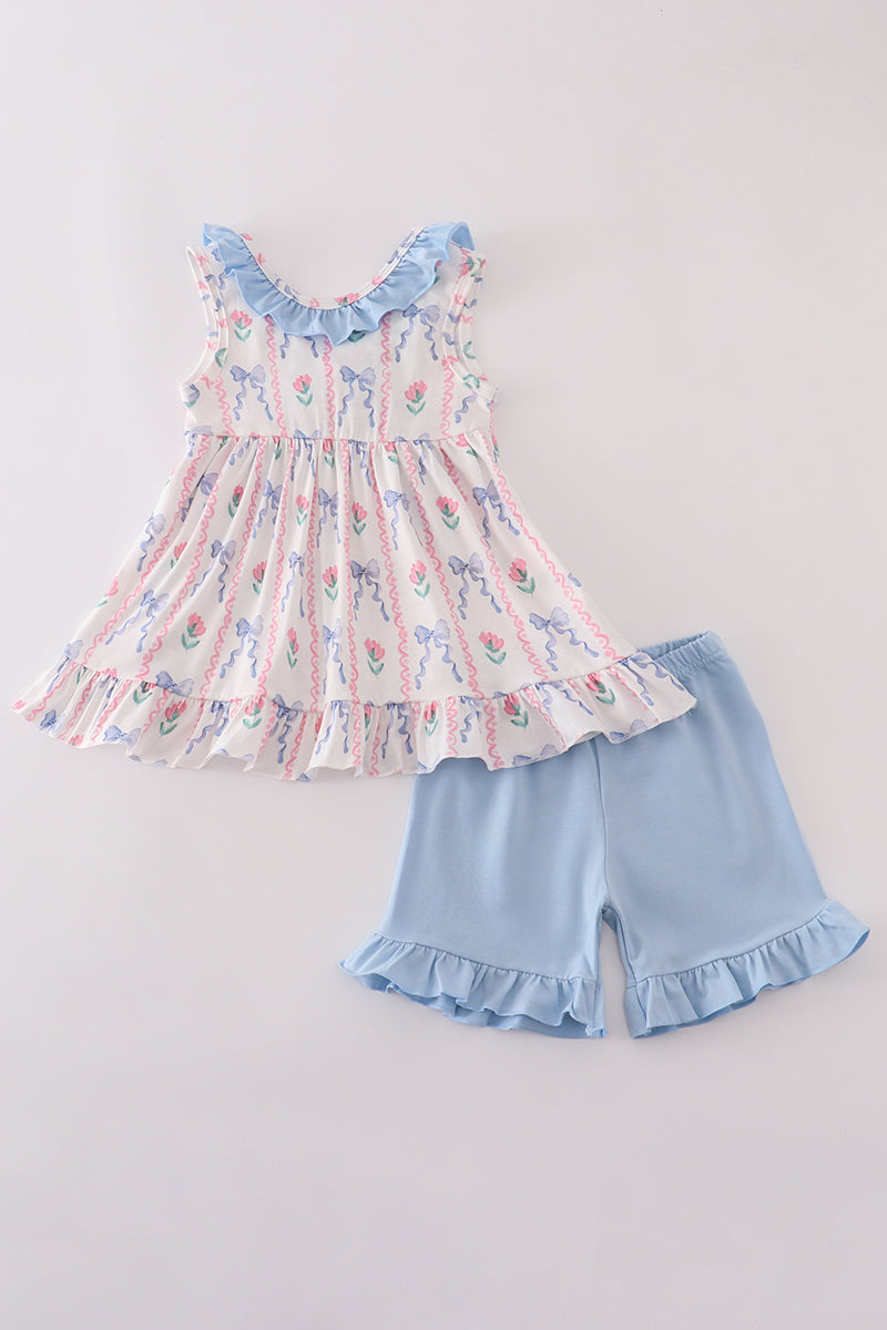 Blue floral bow ruffle shorts set