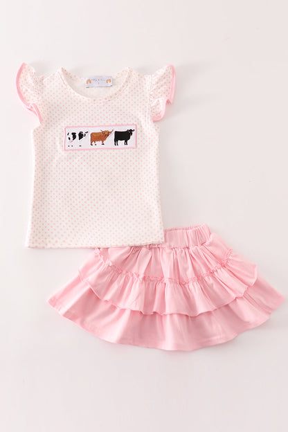 Pink cow embroidery girl skort set