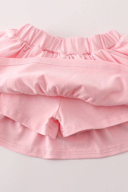 Pink cow embroidery girl skort set