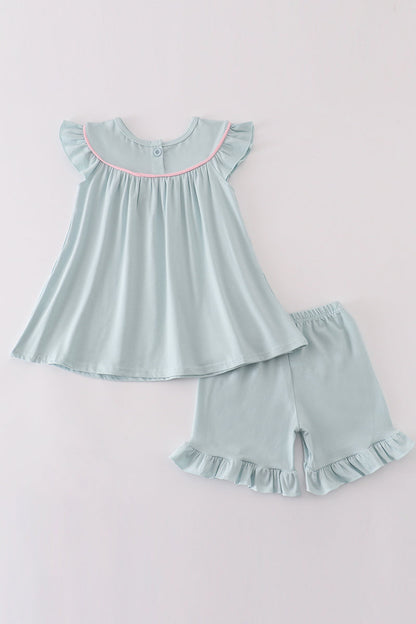 Blue floral bow embroidery girl set