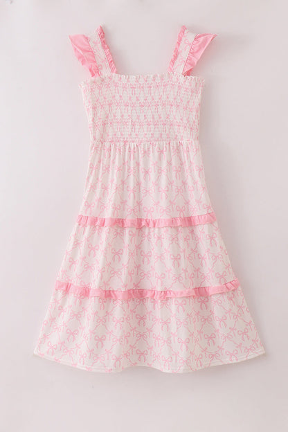 Pink bow smocked mom&me tiered dress