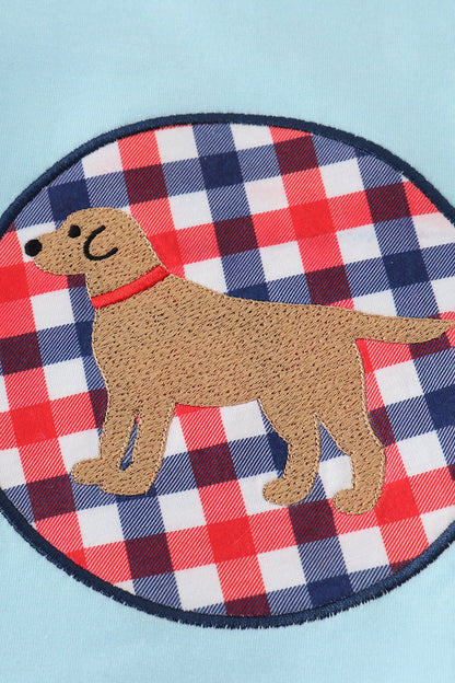 Blue puppy gingham applique shorts set