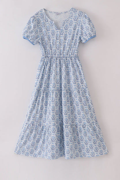 Blue toile garden bow mom tiered dress