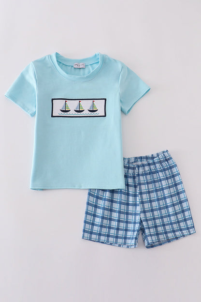 Blue sailboats embroidery smocked shorts set