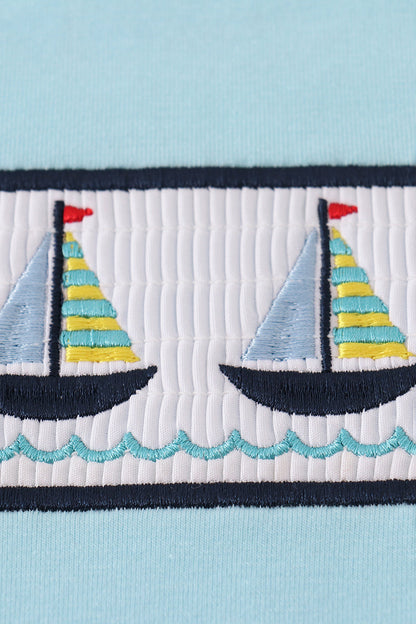Blue sailboats embroidery smocked shorts set