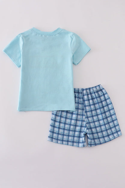 Blue sailboats embroidery smocked shorts set