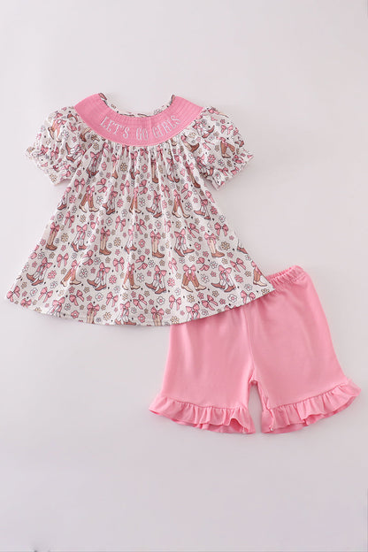 Pink let's go girls boots bow floral smocked shorts set