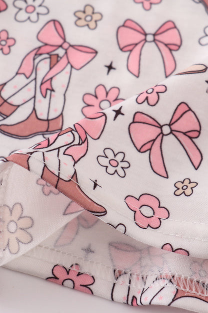 Pink let's go girls boots bow floral smocked shorts set