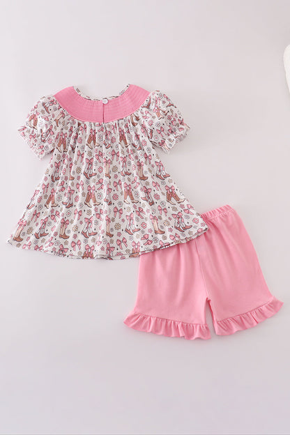 Pink let's go girls boots bow floral smocked shorts set