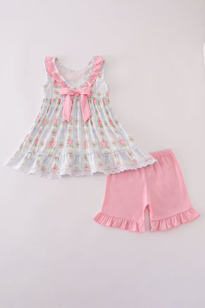 Tea floral bow ruffle shorts set